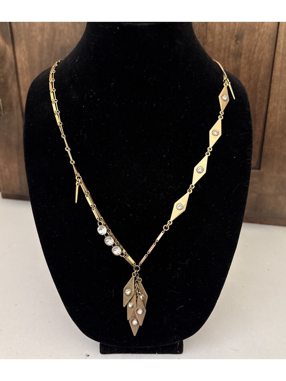 Vintage J.Crew Asymmetrical Lariat Gold Tone Rhinestone Statement Necklace 28”